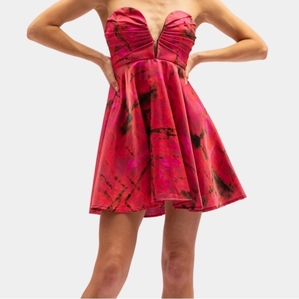 Aureta Alia Mini Dress Red Pink Black Tie Dye Bubble Strapless Rubellite M